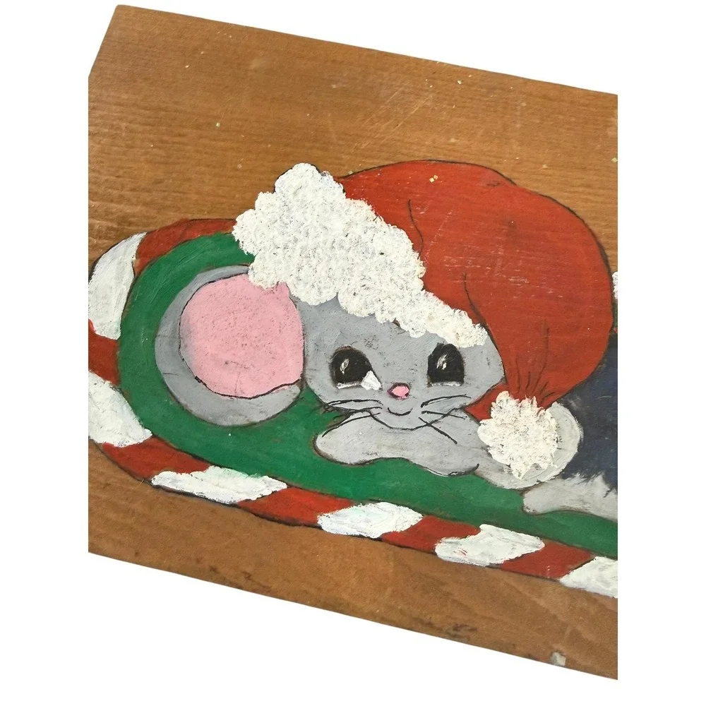 Hand Painted Christmas Mouse Wood Wall Hanging‎ Folk Art Merry Christmas Sign